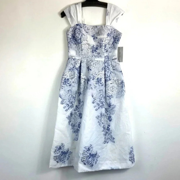 Teri Jon Dress Fit & Flare White Blue Floral Jacquard Cocktail 229240 Wedding - Picture 3 of 16